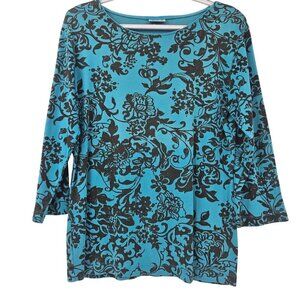 Habitat Floral Print Top Tee Blue & Black Women’s Size M/L Preppy Casual Cotton